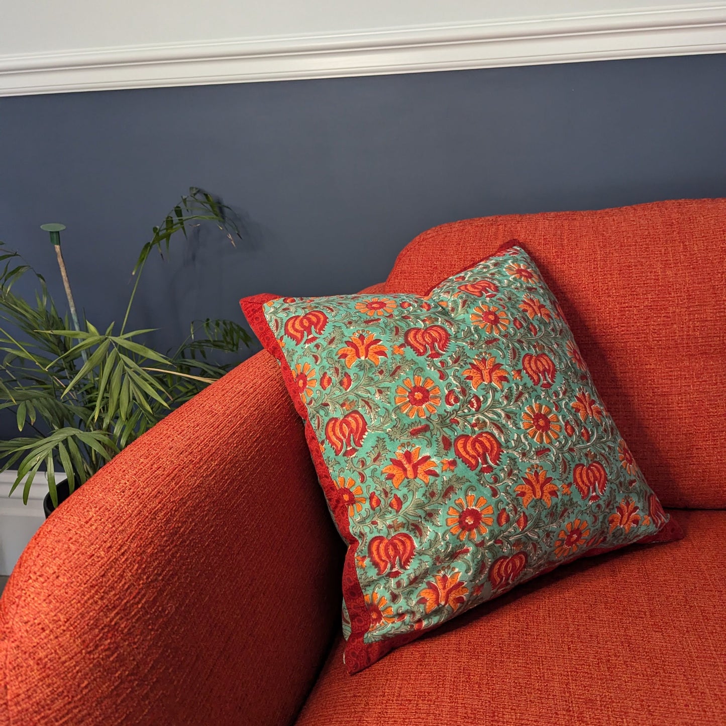 Block Print Cushion with Upcycled Sari Border (45x45cm)