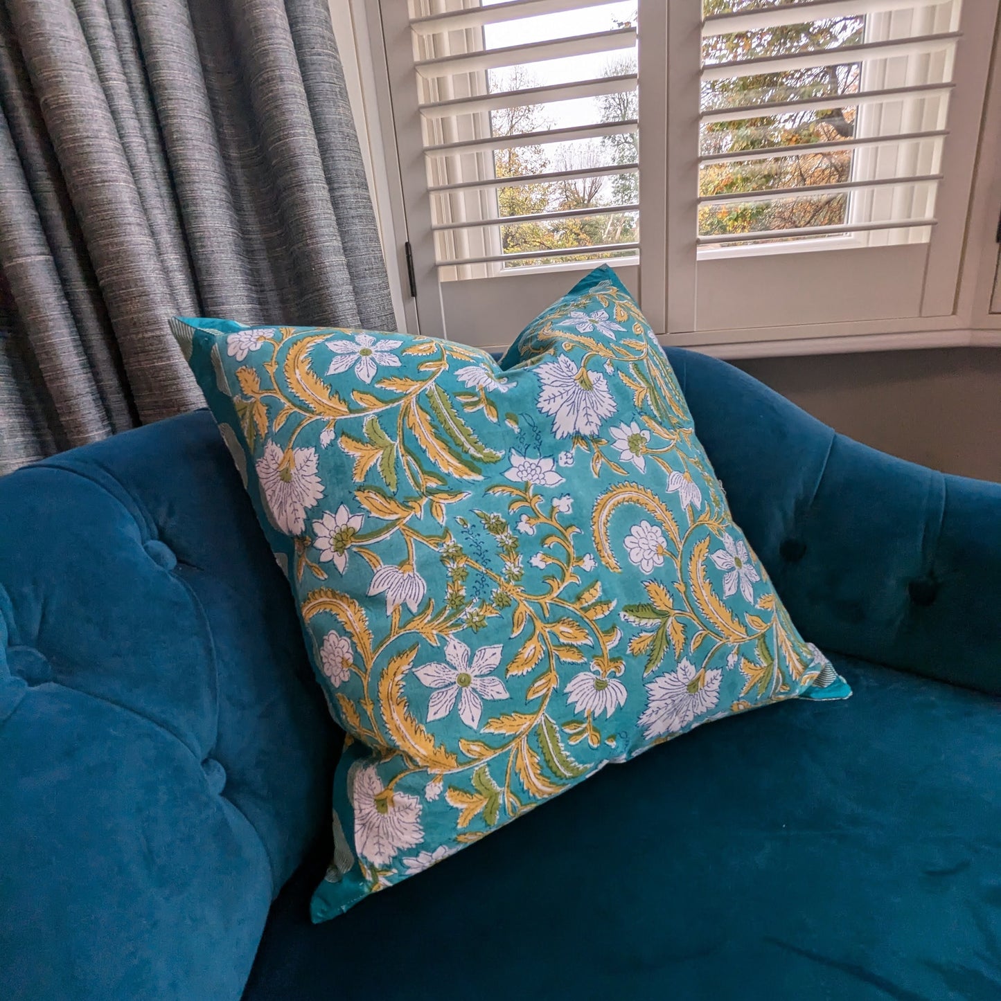 Block Print Cushion with Upcycled Sari Border (45x45cm)