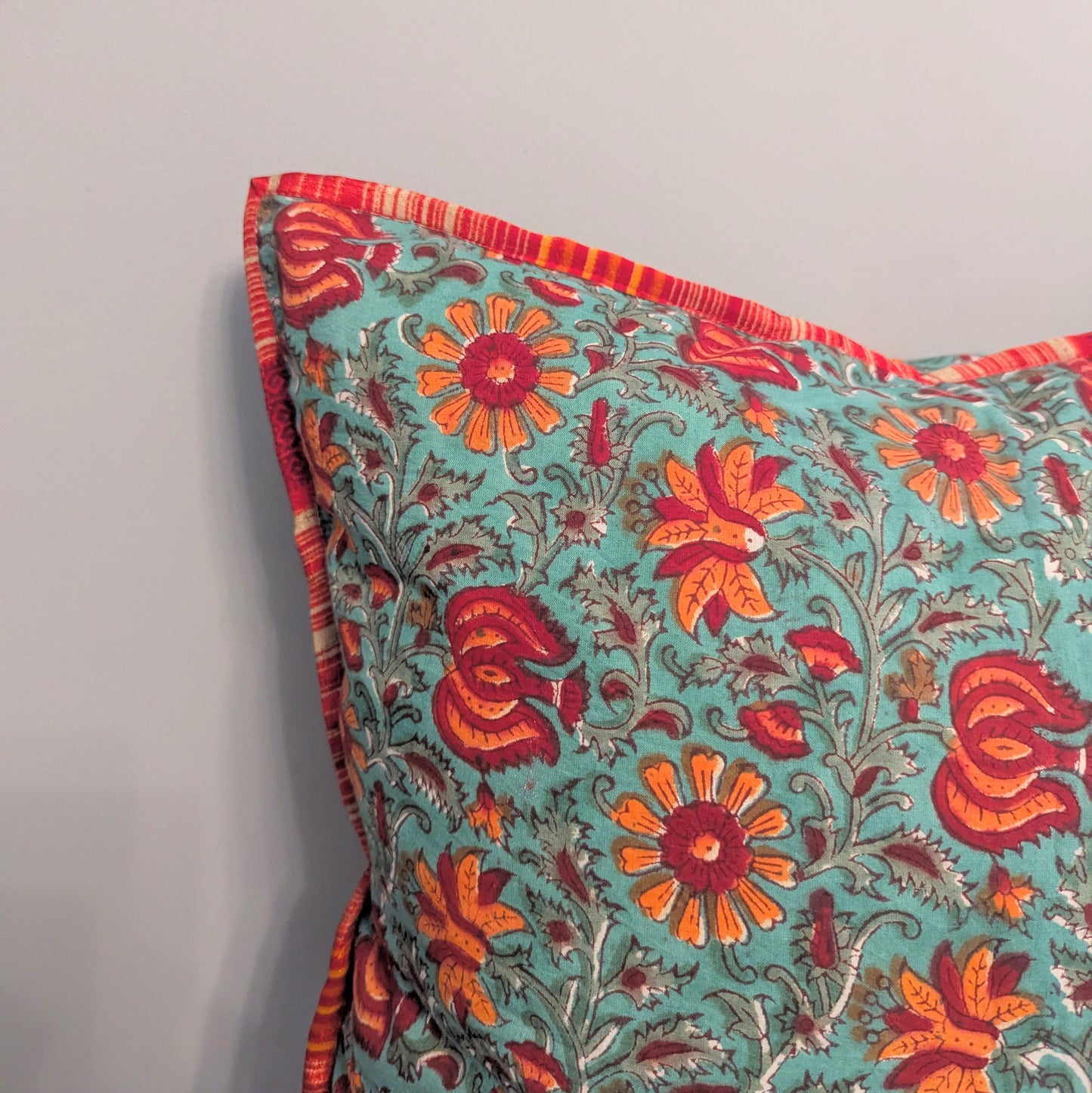 Block Print Cushion with Upcycled Sari Border (45x45cm)