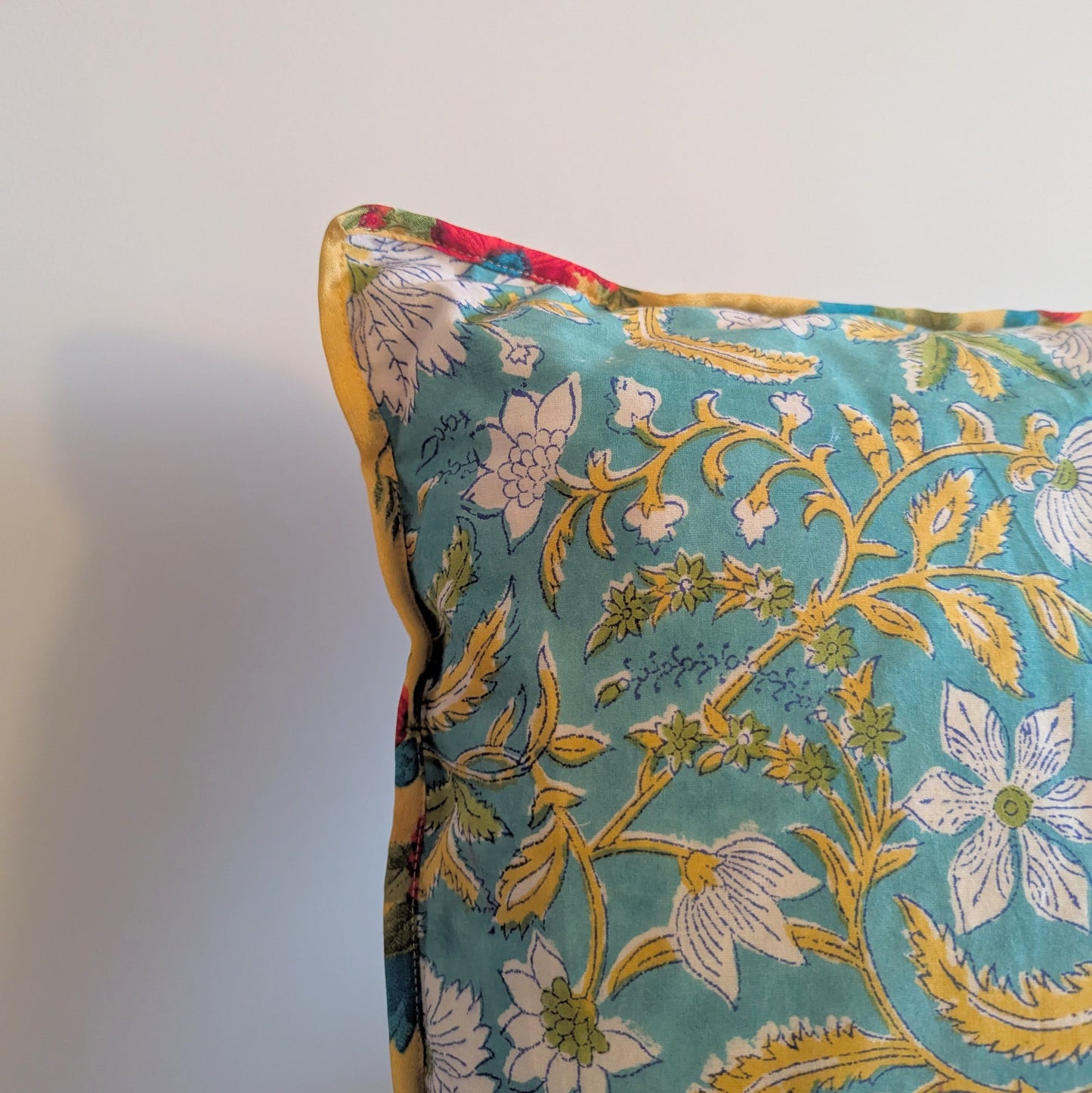 Block Print Cushion with Upcycled Sari Border (45x45cm)